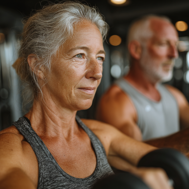 Група людей зрілого віку займається йогою
